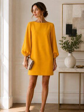 Tibi Mustard Balloon Sleeve Shift Dress Gold Zip Back Size 6